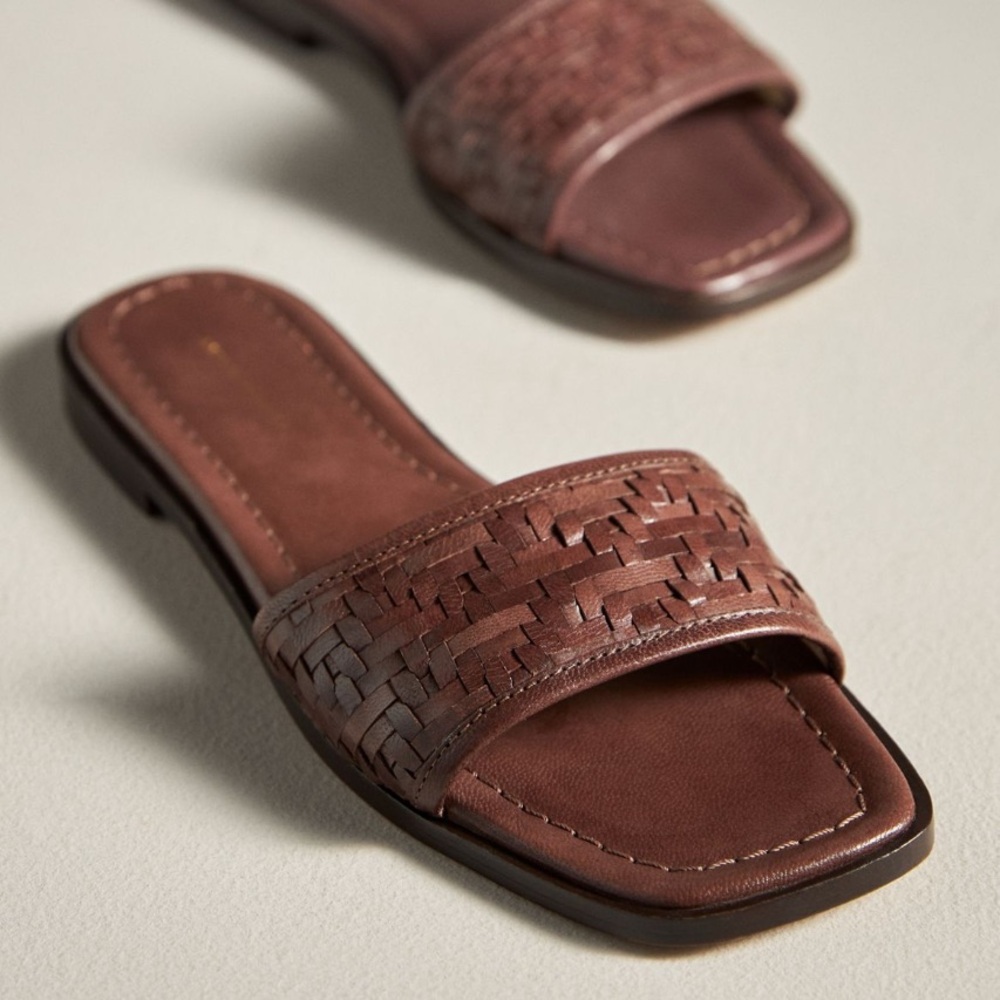 Anthropologie Woven Leather Slide Sandals in Brown